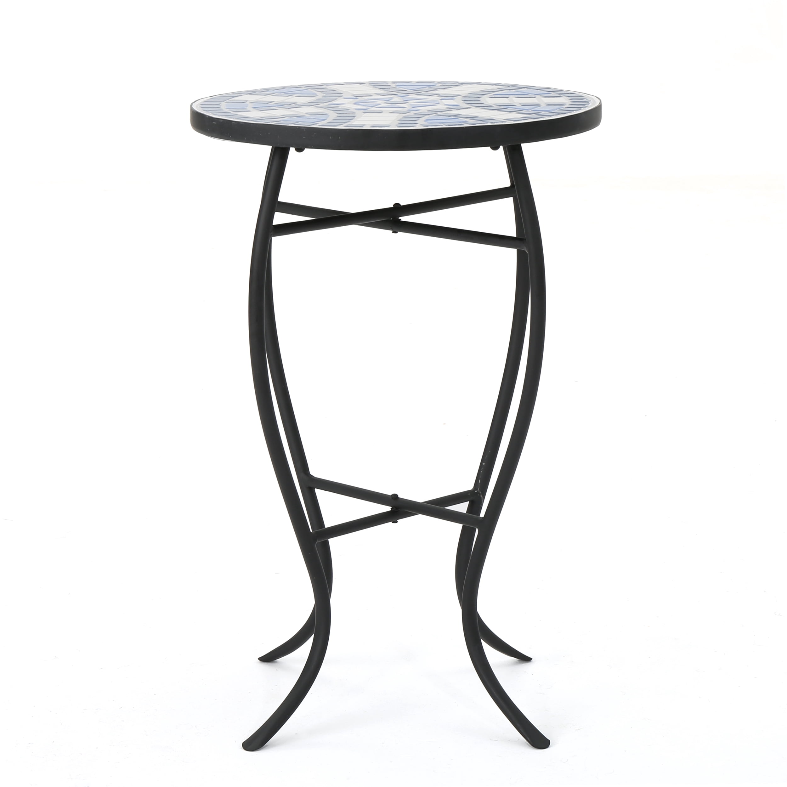Outdoor Round Mosaic Top Side Table, Artistic Decor End Table for Patio Garden, Blue and White