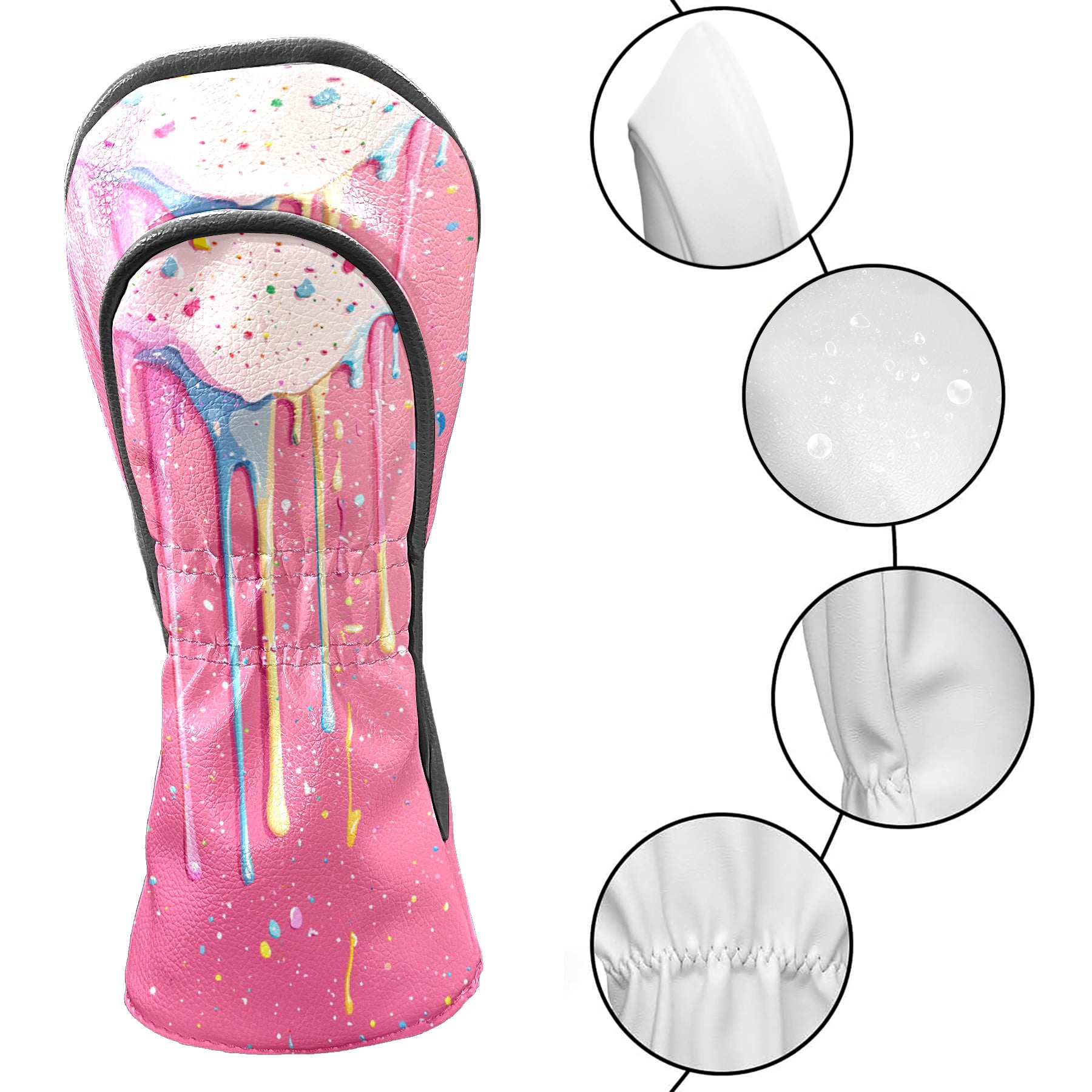Golf Club Covers PU Leather Waterproof Head Covers for Fairway Woods Hybrids Ice Cream Droplets
