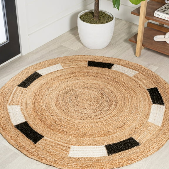 JONATHAN Y ANSA 4' Round Area Rug, Porto Jute Circle - Natural/Cream/Black, RNF106A-4R