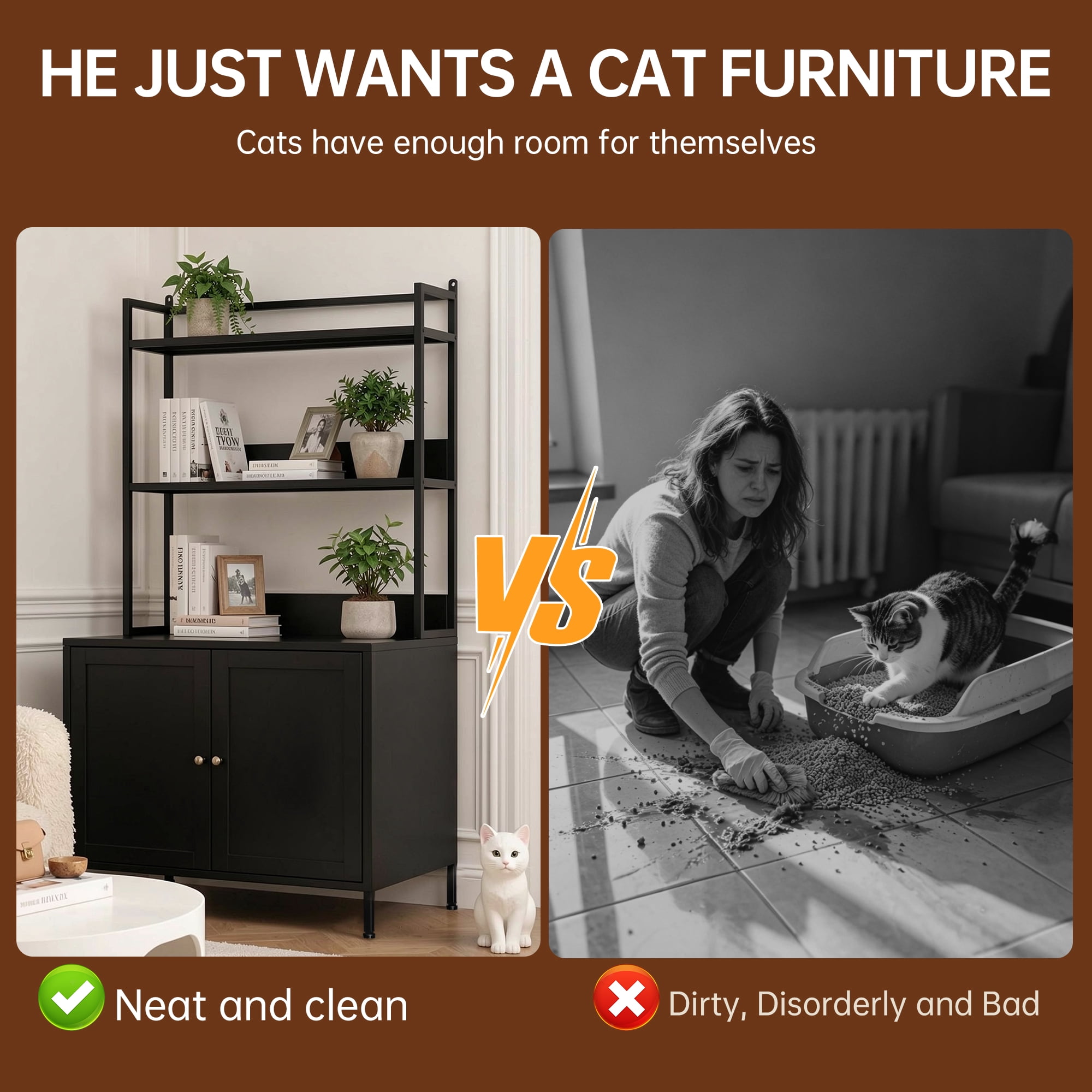 57" Tall Black Metal Cat Litter Box Enclosure, Hidden Litter Box Cabinet with 3-Tier Shelves, Doors & 4 S-Hooks, Odor Control Pet House for Large Cats