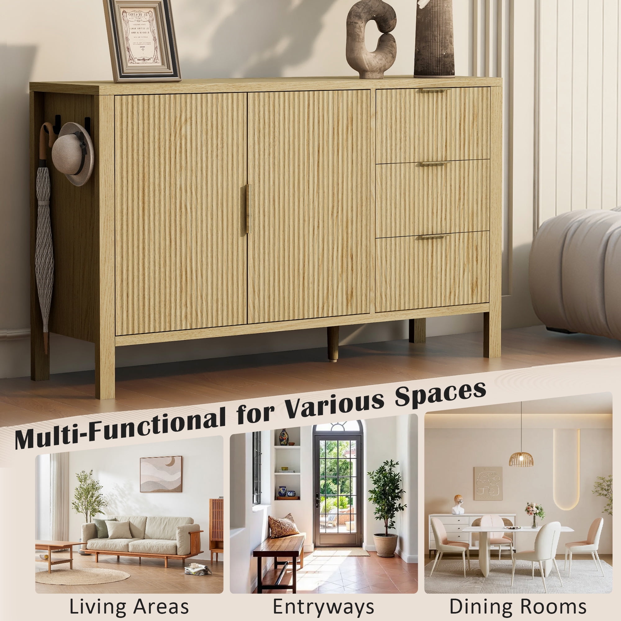 Modern Sideboard with 3 Drawers,Wave-Pattern Storage Buffet Cabinet with Hooks,for Kitchen Living Room,Dining Room