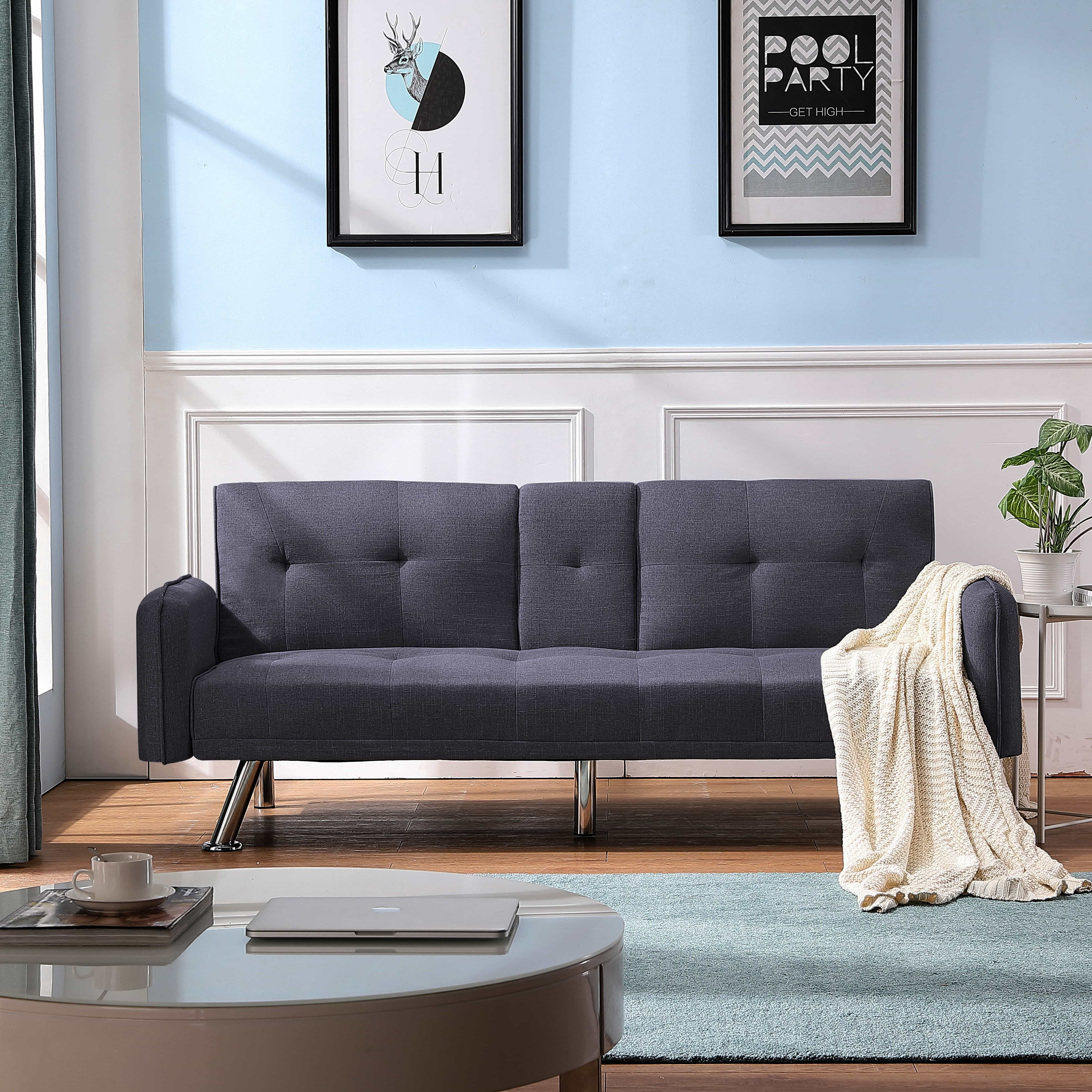 BSHTI 74.4” Futon Sleeper Sofa Bed Features a Drop-Down Middle Backrest, Twin-Sized Futon Bed, Polyester Fabric, 3 Adjustable Backrest, Dark Gray