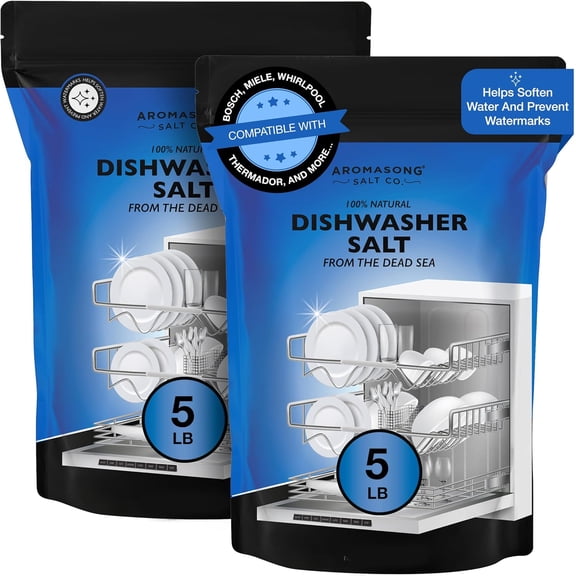 Aromasong Dishwasher Salt 10 LB - 100% Natural Water Softening Agent for Cleaner Dishes & Washer Reactivation. Compatible with Bosch, Miele, Whirlpool, Thermador, and More (packaging may vary)