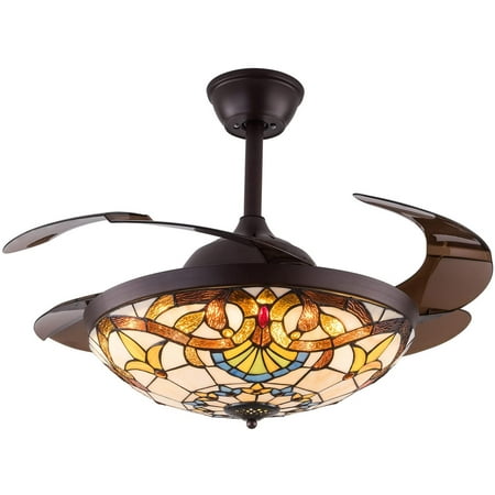 

TFCFL Tiffany Style LED Ceiling Fan Retractable Ceiling Fan with Lights and Remote Forward and Reverse Mode Quiet Motor 42