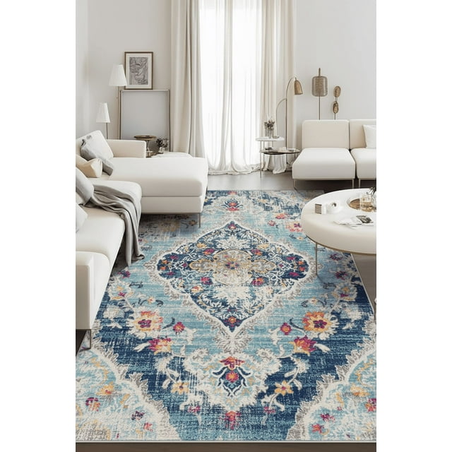 Rug Branch Anara 5' x 8' (5'3" x 7'7") Blue/Grey Floral Medallion Indoor Area Rug, Traditional, Medium Pile, Stain-Resistant Carpet - Living Room, Bedroom, Dining Room, and Kitchen