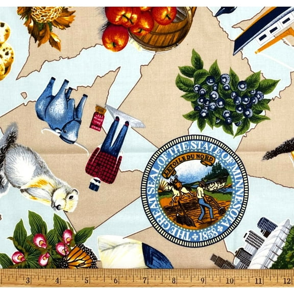 1/2 Yard - Minnesota Boating Fishing Wildlife & City Life on Tan Cotton Fabric (Great for Quilting, Sewing, Craft Projects, Throw Pillows & More) 1/2 Yard X 44" Wide