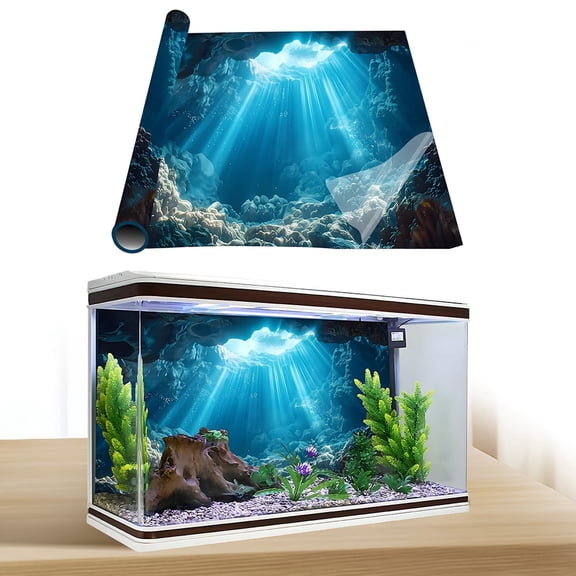 Aquarium Background Sticker, Sunlight Cave Landscape Decor, Front Self-Adhesive HD PVC Removable 2D Flat Sticker for Fish Tank & Reptile Terrarium(19.7x11.8in)