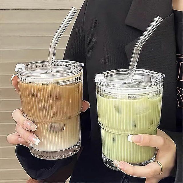 2 Pack 400ml Glass Cup with Lid and Straw, Glass Smoothie Cup with Straw, Sealed Waterproof Design Coffee Cup Travel Cup, Iced Coffee Cup, Drinking Cu