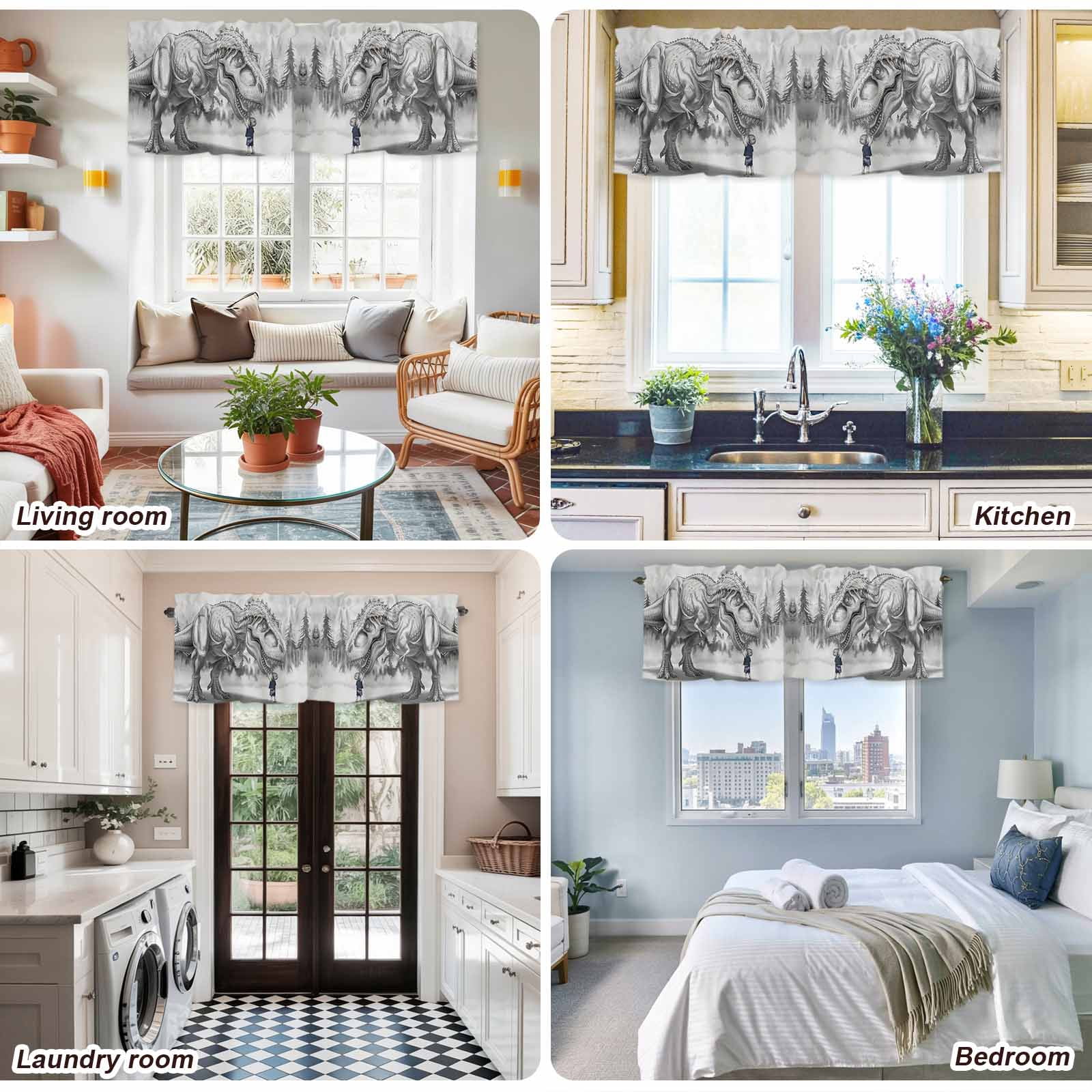 Dinosaurs Boy Kitchen Valances for Windows, Gray Funny Cartoon Forest Animals Bathroom Window Valances 60x18 Inch Rod Pocket Window Treatments Valance Curtains for Living Room Bedroom Decor