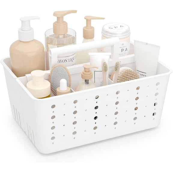 Shower Caddy Portable, Caddy Organizer with Handle and Adjustable Dividers, Plastic Shower Basket for Dorm Room Essentials, College, Bathroom, White, 1 Pack
