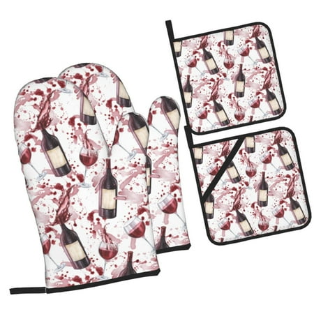 

Tebeau Watercolor Wine Print 4 Pcs Oven Mitts and Pot Holders 500°F High Heat Resistant Kitchen Oven Mitts with Pot holders Long Oven Mitts for Baking and Cooking