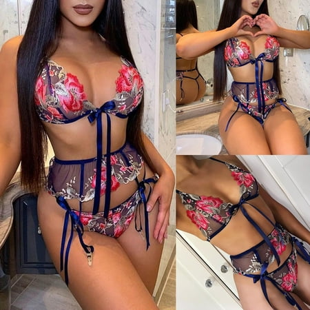 

TANGNADE 3PCS Bra Lace New Fashion Bow Tie Sleepwear Underwear Lingerie Flower Lace