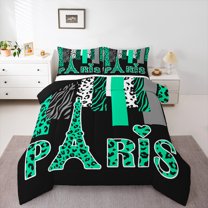 Homewish Green Eiffel Tower Bedding Comforter Set, Romantic Valentines Day Twin Comforter Sets, Chic Leopard Zabra Print Reversible Bedding Set, Luxury Bedroom Decor, 2pcs
