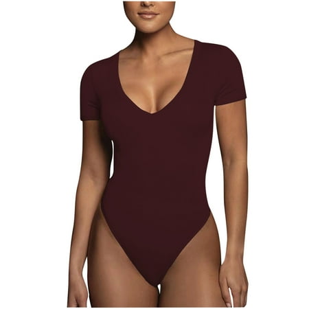 ICHUANYI Women s Bodysuit Short Sleeve Versatile Solid Color Shapewear Tight Fitting Cutout Jumpsuit New Year Fashion