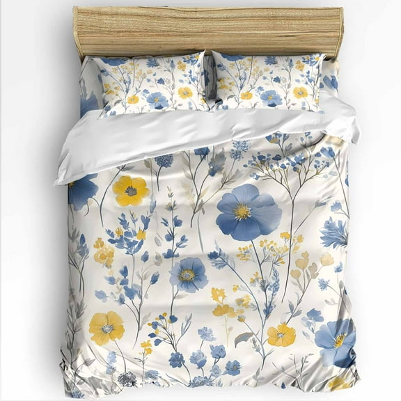 Spring Floral Full Size Comforter Set, Vintage Watercolor Blue Yellow Flower Leaves Soft Bedding for All Seasons, 4 Pcs Bed Set with 1Comforter (86"x86") ,1 Sheet(80"x116"), 2 Pillowcases (19"x29")