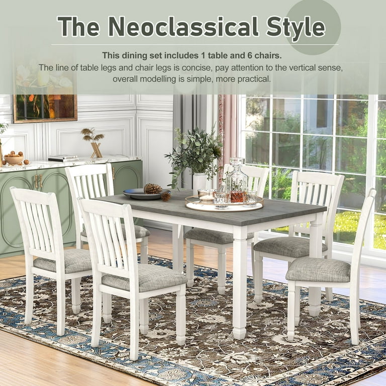 EUROCO 7 Piece Kitchen Dining Table and Chair Set 60 Dining Room Table Set with Solid Wood Table and 6 Upholstered Chairs Rectangle Dining Table Set