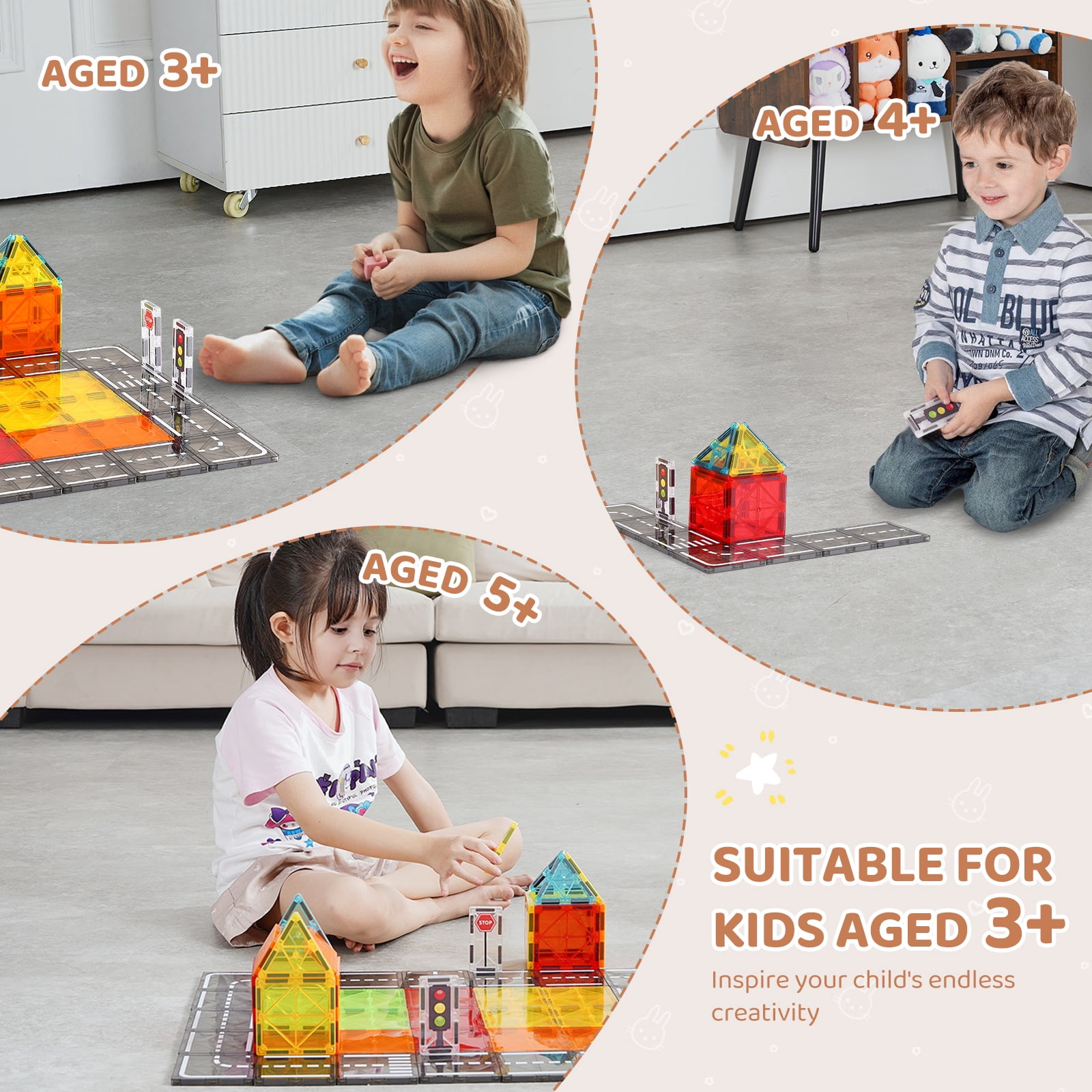 KFFKFF Magnetic Pieces, Set of 56 Magnetic Highway Construction Bricks for Children, Magnetic Assembly Kit with Carry Pouch, STEM Learning Urban Development Stacking Plaything Present