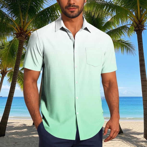 Blusa y camisa de manga corta con cuello vuelto para hombre, blusa informal de moda con cuello vuelto, estampado degradado, camisa de manga corta con botones, blusa de poliéster para hombre
