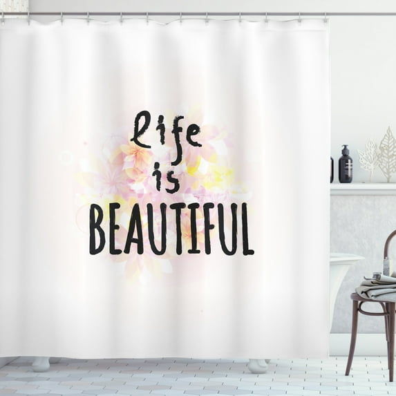 Quote Shower Curtain, Handwritten Font of Life is Beautiful Saying with Silhouette Floral Petals Background, Fabric Bathroom Set with Hooks, 69W X 84L Inches Extra Long, Multicolor, by Ambesonne