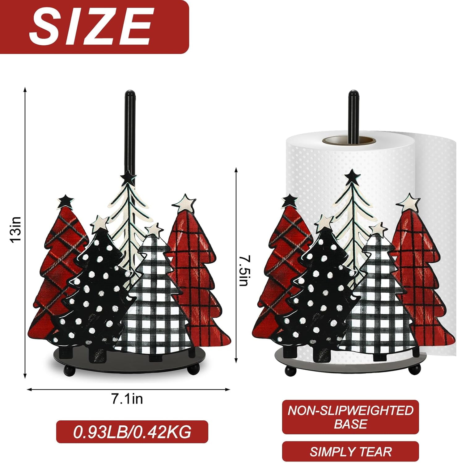 BAN Christmas Paper Towel Holder Waterclor Buffalo Plaid Xmas Tree Kitchen Decor Accessories Large Metal Towel Holder Stand for Winter Home Bathroom Countertop