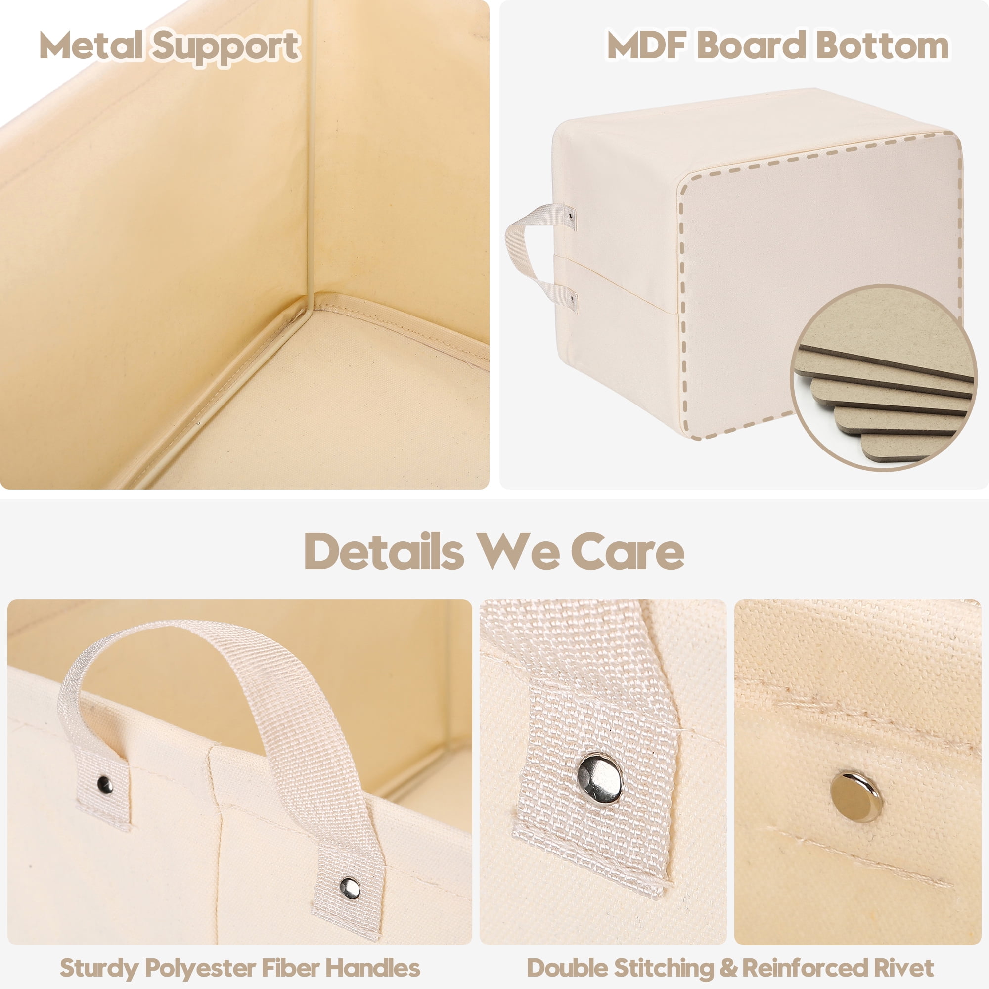 Sea Team 2-Pack Large Canvas Storage Bins for Shelves with Metal Frame, Rectangle Storage Baskets, Closet Organizers, Foldable Laundry Hampers, Containers for Clothing, Blankets, Toys, Cream
