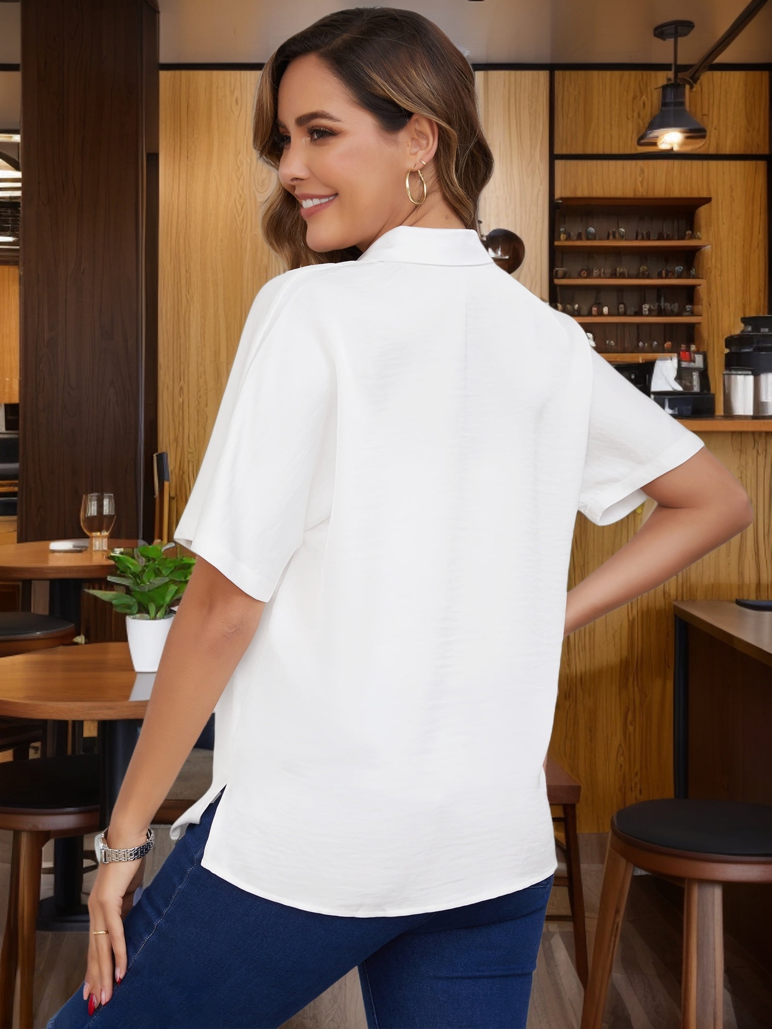 DARING DIVA Women's Maternity Button Down Collared Short Sleeve Satin Tops XL White