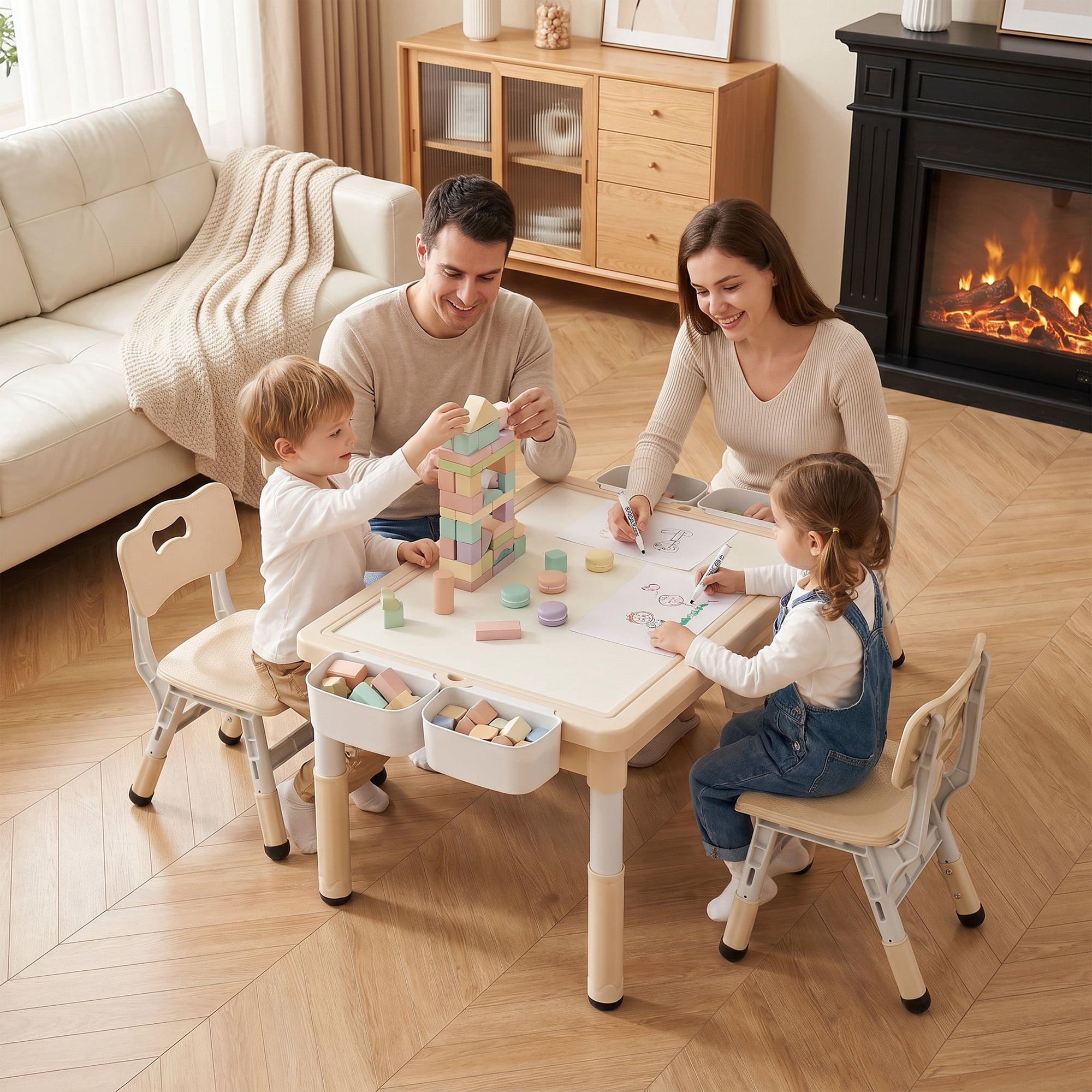 LINLUX Kids Table and Chair Set, 3 in 1 Activity Table for Children w/ Removable Tabletop, Khaki