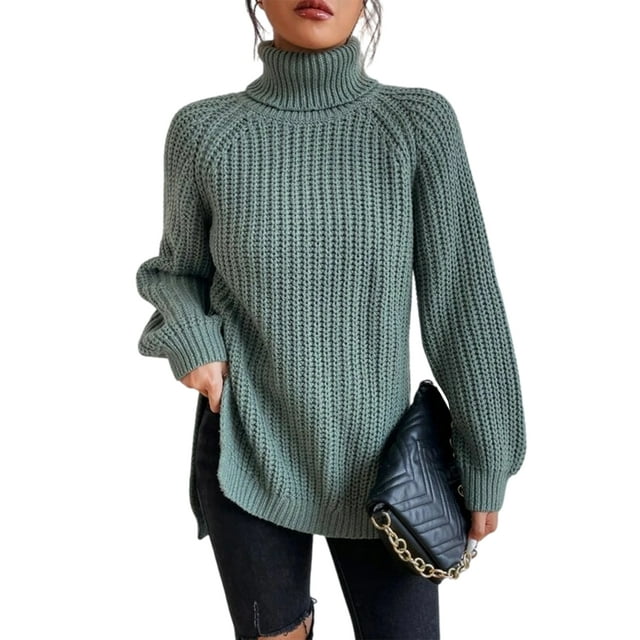 Innerwin Chandails à Col Roulé pour Femmes Chandail de Travail Manches Longues Ample Tricoté Vert Clair G