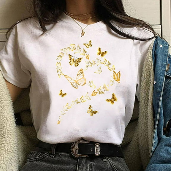 Blmnix Casual Womens T-Shirts White Cute Loose Short Sleeve Crew Neck Butterfly Shirt Pullover T-Shirts for Girl 2024