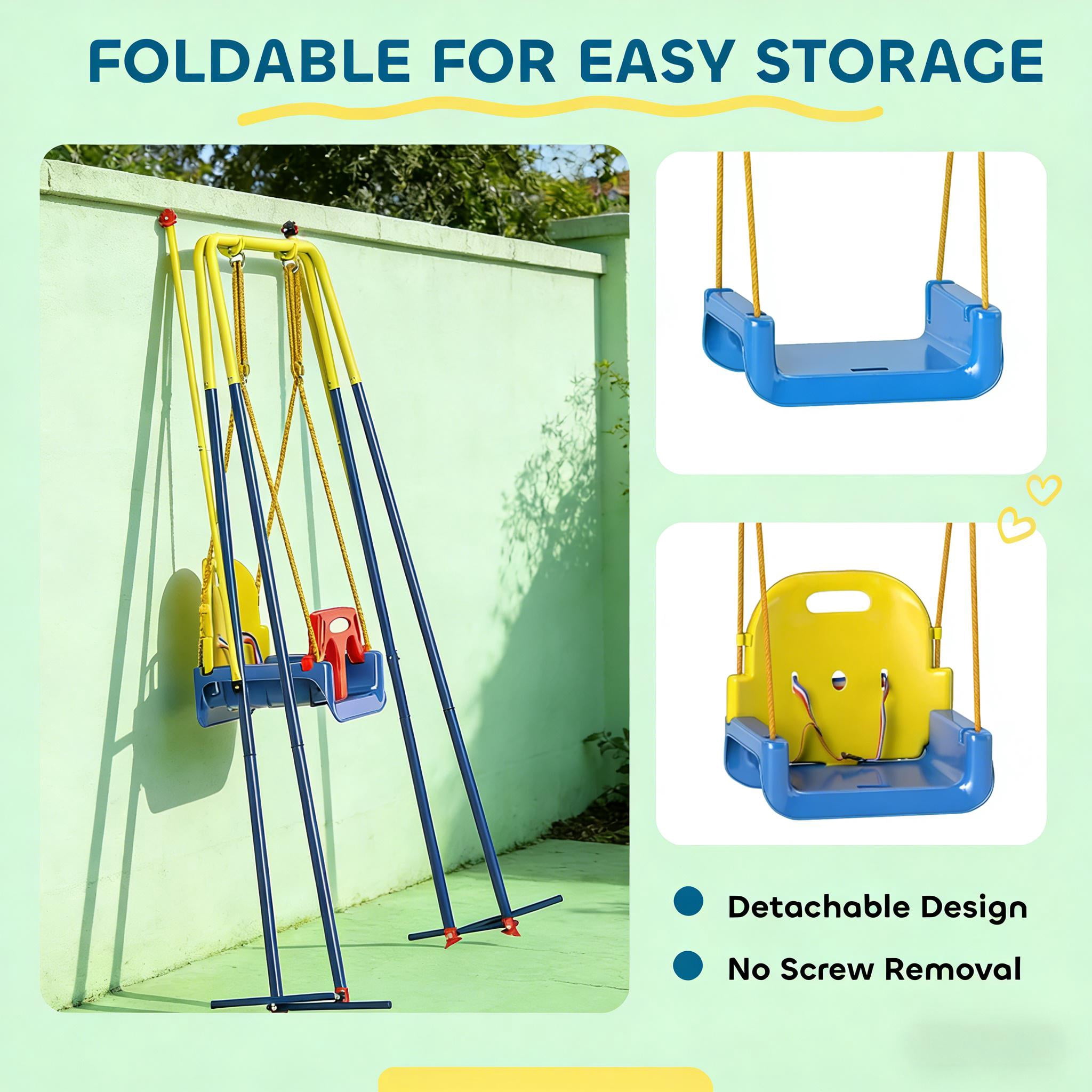 Folding 3-in-1 Toddler Swing Set, Adjustable Height Metal Swing with A-Frame, Anti-Slip Base & Safety Belt, Rust-Resistant for Indoor Outdoor Use, Ages 9 Months to 8 Years