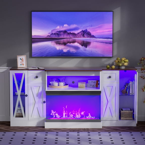 LVUYOYO 3-Sided Glass Farmhouse Electric Fireplace TV Stand, Farmhouse Entertainment Center with 36" Fireplace & LED Lights,  70'' Large TV Stands