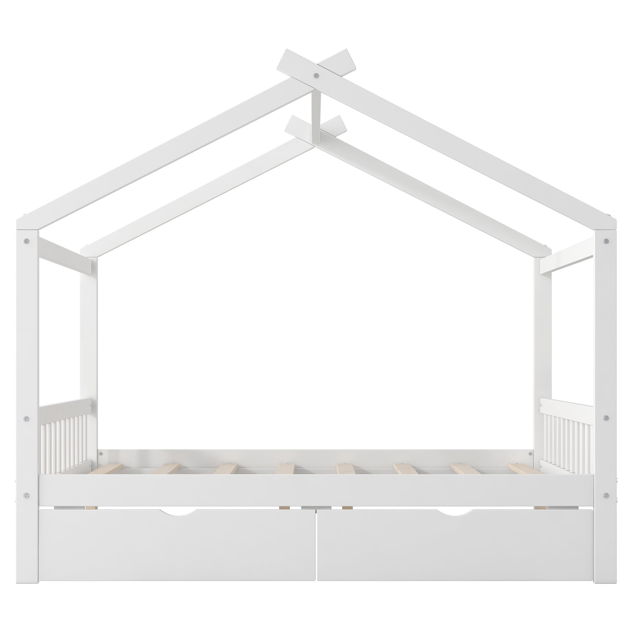 Noble House Clavell Full Size House Bed with 2 Storage Drawers, Headboard and Footboard, Playful Roof Design, White