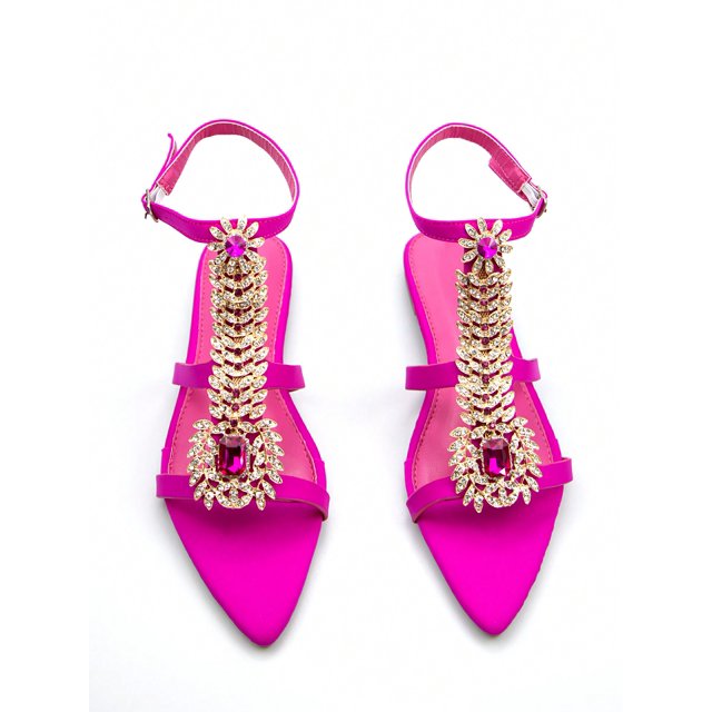 Women's Chic Rhinestone Chain Buckle Decoration Lycra Pointed Toe Slingback Party Flat Sandals