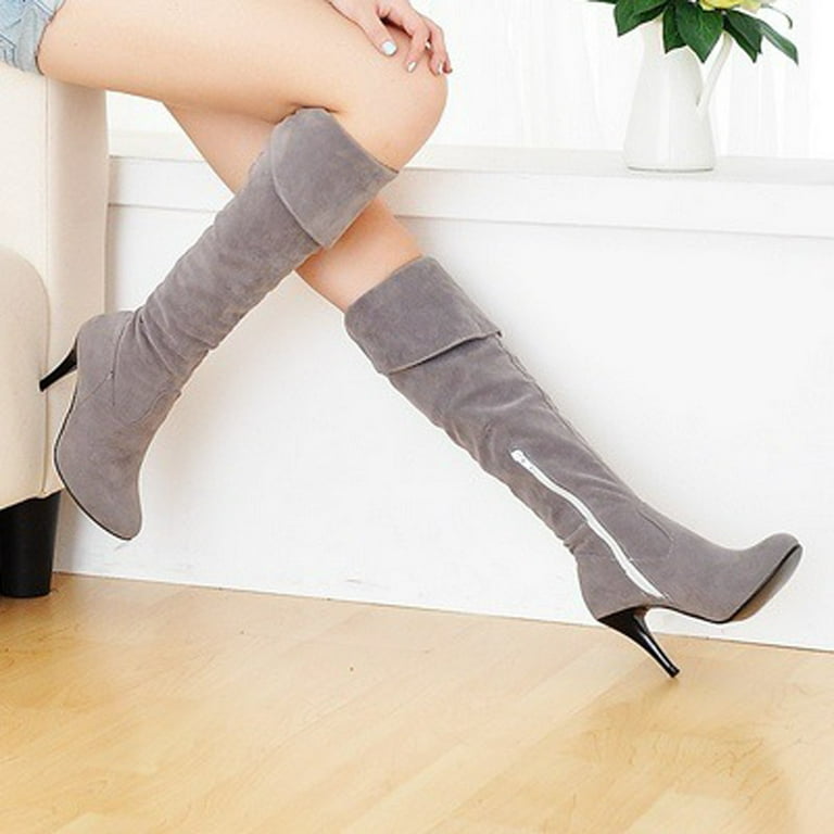 Knee High Boots Gray Block Heel Booties Knee High Boots Black