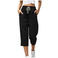 thumbnail image 3 of UKHCCC Women's Loose Fit Waffle Knit Capri Pants with Pockets Elastic Waist Drawstring Casual Summer Lounge Joggers Soft Cotton S-2XL, 3 of 9