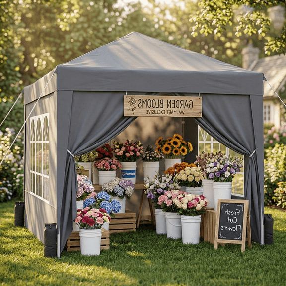 SANWAY 6.6x6.6 Pop Up Canopy Tent with Sidewalls x 4 – Easy Setup Canopy Tent, Waterproof, UV-Resistant, Portable with Carry Bag for Outdoor Events, Camping, and Backyard Parties –Gray