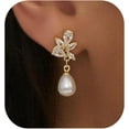 thumbnail image 6 of CROPD Pearl Earrings: 14k Gold-plated Cubic Zirconia Accented Pearl Drop Dangle Wedding Engagement Earrings For Women Bridal Bridesmaid, 6 of 10