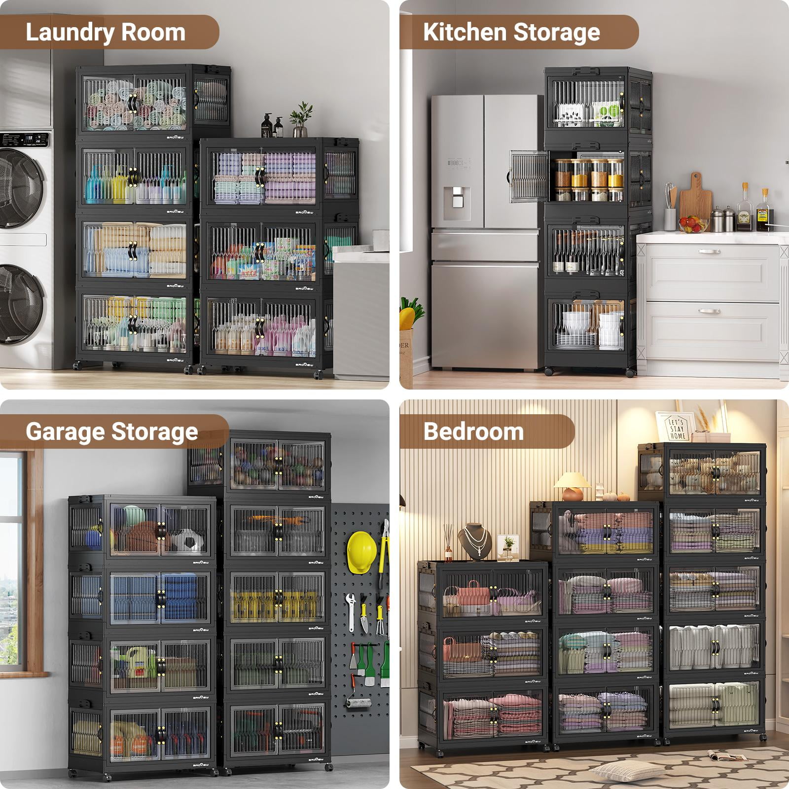 BROVIEW 480QT Large Stackable Storage Bins with Lids and Wheels, Plastic Closet Organizer and Storage Drawer, Collapsible Storage Cabinet with Doors for Home Kitchen, 4Pack Black