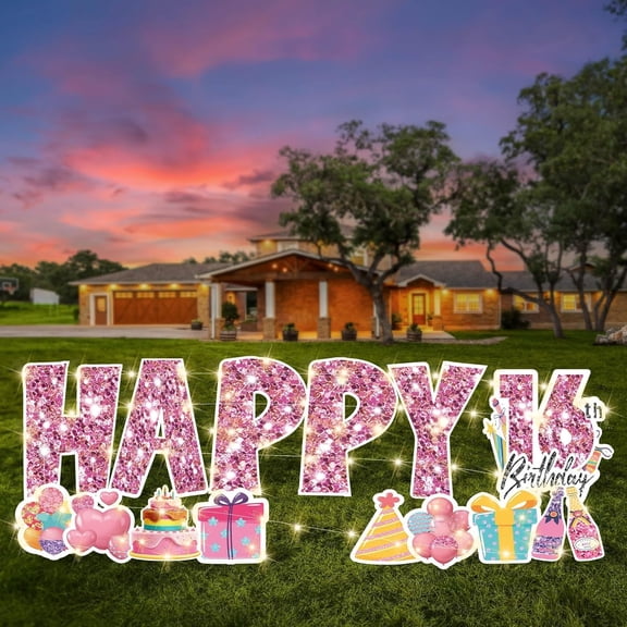 14 Pieces 16th Happy Birthday Yard Signs with Stakes Large Happy Birthday Sign with String Light Plastic Waterproof Birthday Outdoor Lawn Sign for Garden Birthday Decorations Party Supplies