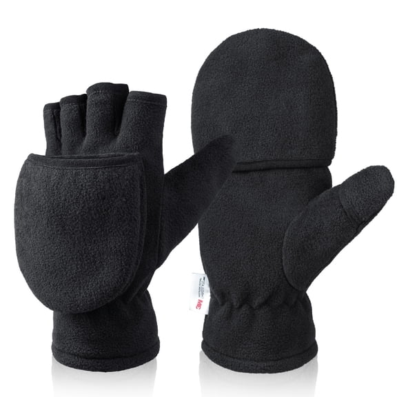 Winter Convertible Gloves with Fleece Lining, Flip Top Half Finger Mittens for Men Women, Working Outdoor Hiking Running Fishing Driving