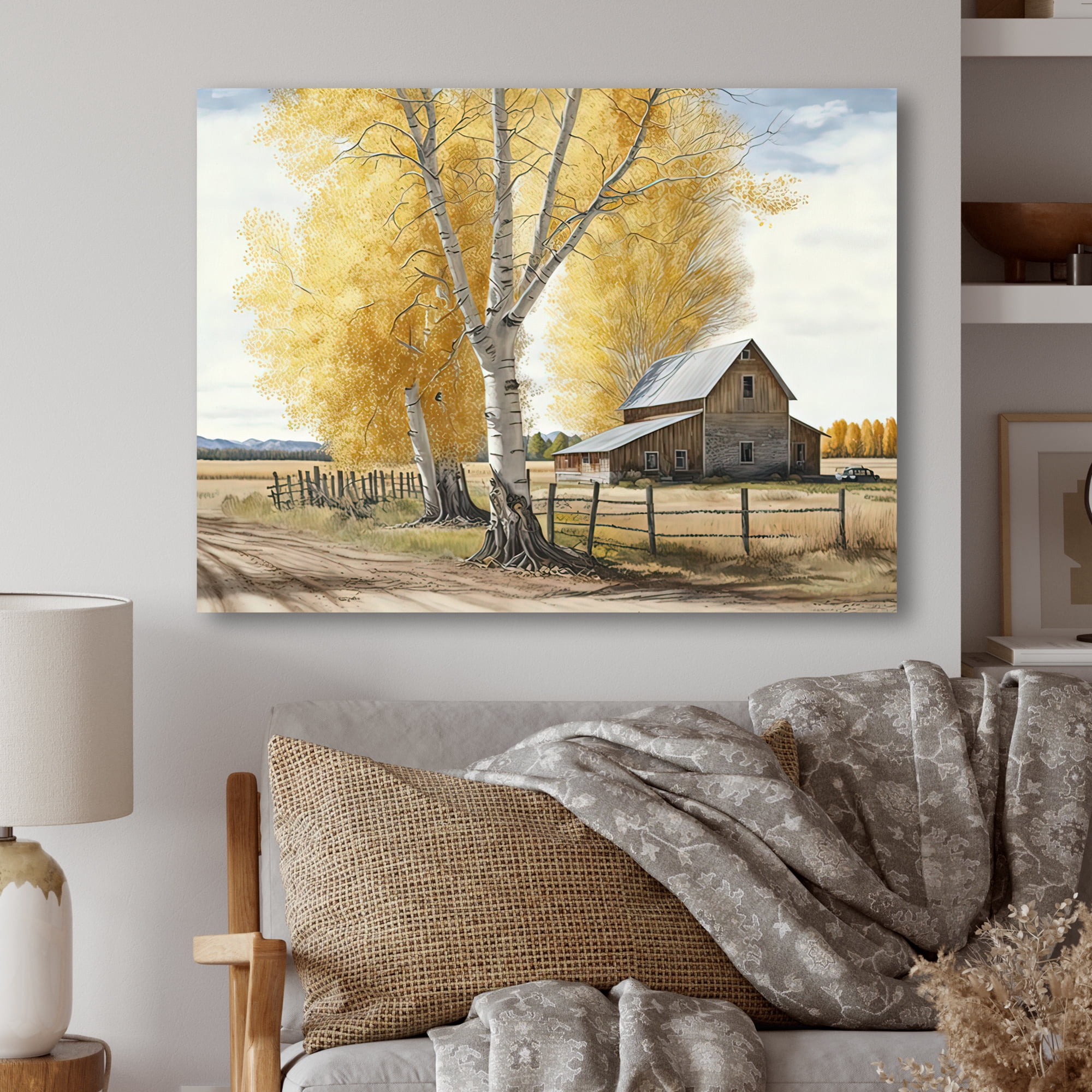 Designart Yellow Barn In Spring VII Canvas Wall Art