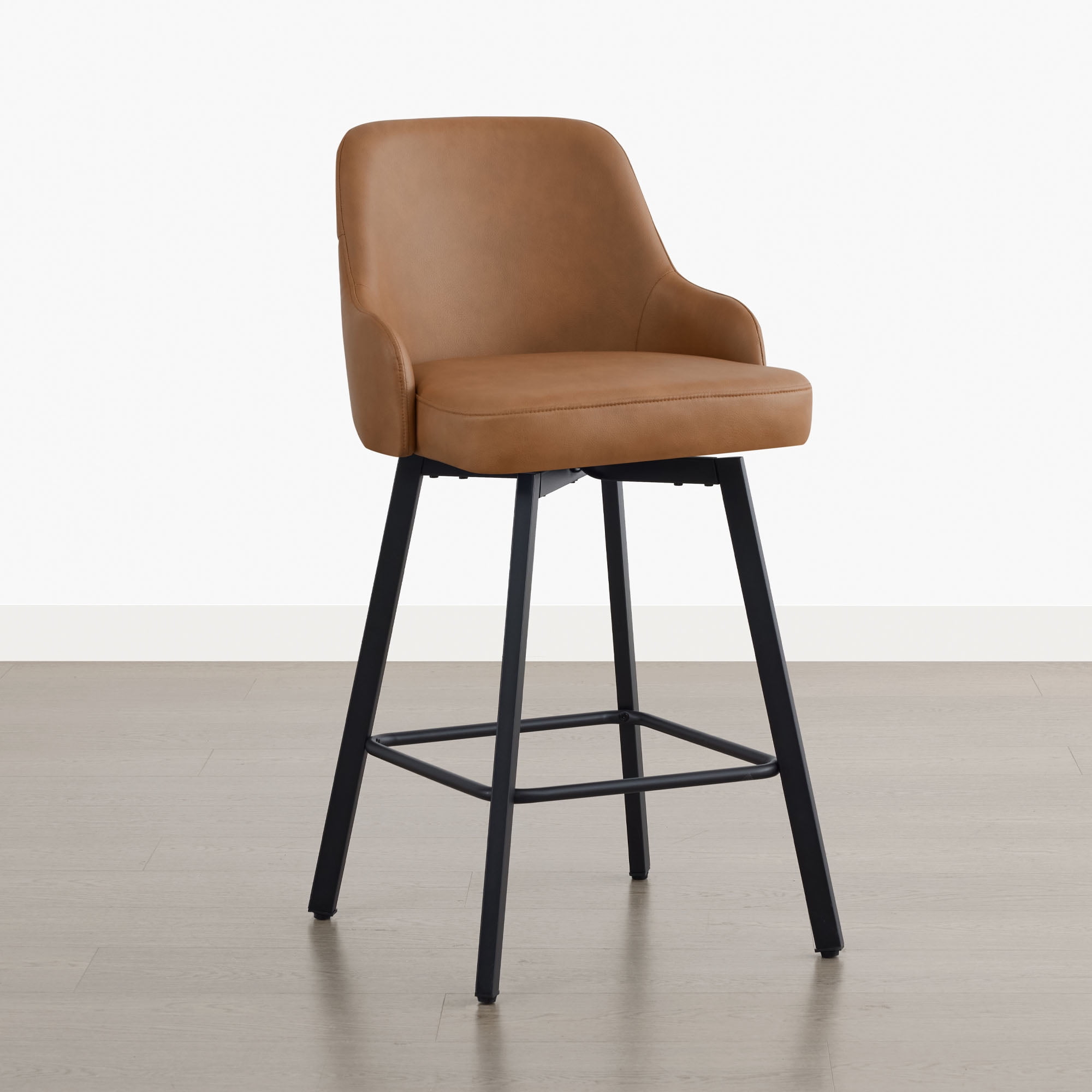 Spruce & Spring Swivel Counter Stools Set of 2, Modern Faux Leather Bar Stools with Back and Arms, Diamond Stitch Upholstered Kitchen Island Chairs, Matte Black Metal Legs, Counter Height, Brown