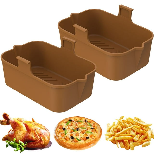 2Pcs Air Fryer Silicone Pot avec Poignée Réutilisable Air Fryer Doublure Résistant à la Chaleur Air Friteuse Panier en Silicone Rectangle Cuisson Pan Air Fryer Accessoires Doublures pour Double Panier Air Fryer Ove