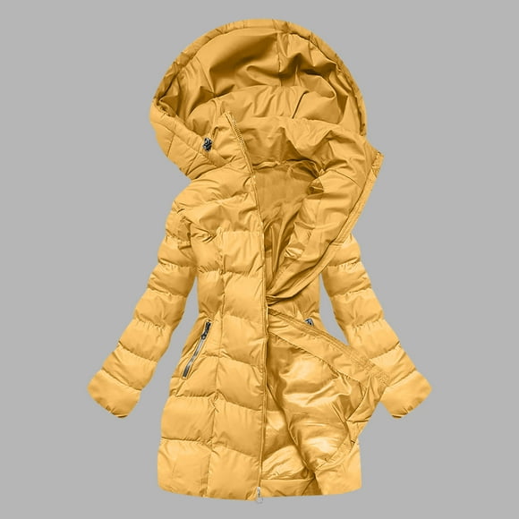 JURANMO Womens Mid-length Winter Coat Slim Quiled Down Jacket Soft Comfy Fleece Lined Warm Hooded Outwear Deals of the Day Yellow XXL