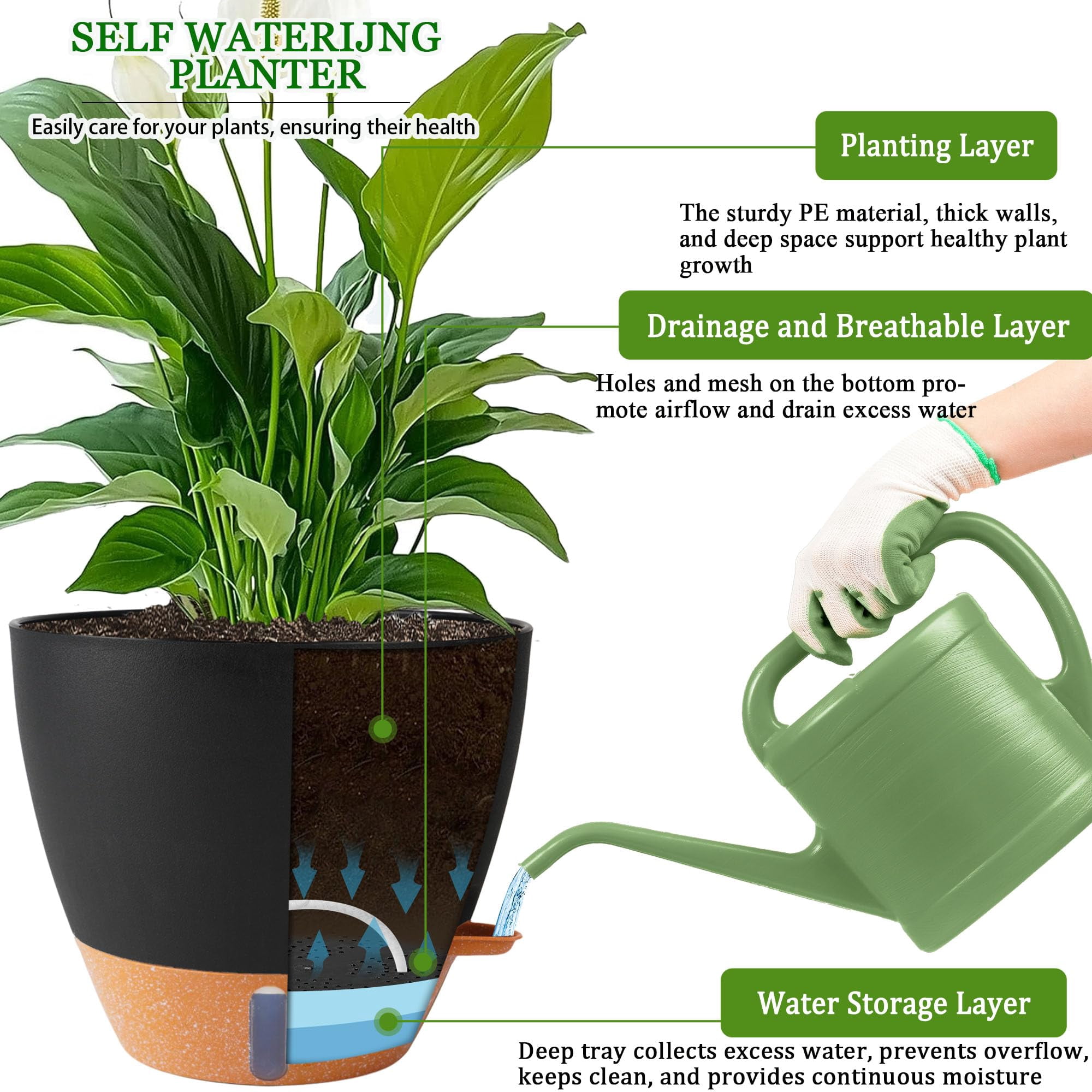 2 Pack 10 inch Plant Pots, Plastic Self Watering Planters with Drainage Holes, Deep Reservoir, Water Level Indicator, Modern Decorative Flower Pots for Indoor Outdoor Plants (Black, 10 inch)