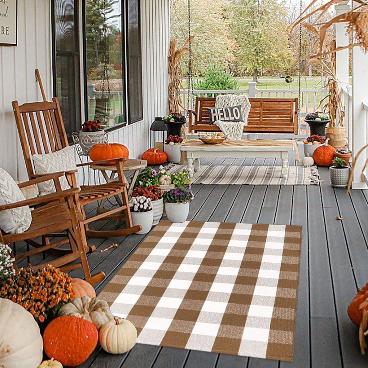 Fall Ourdoor Rug Farmhouse Brown and White Buffalo Check Rug Layered Welcome Door Mat for Front Porch Decor, Front Door, Farmhouse Decor(35.4''x59'', Coffee and White)