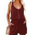 thumbnail image 3 of Verano sin mangas romper mujeres casual Scoop Masajeadores de cuello botón Abrigos plumas cintura tie Tank Top jumpsuit con bolsillo, 3 of 6