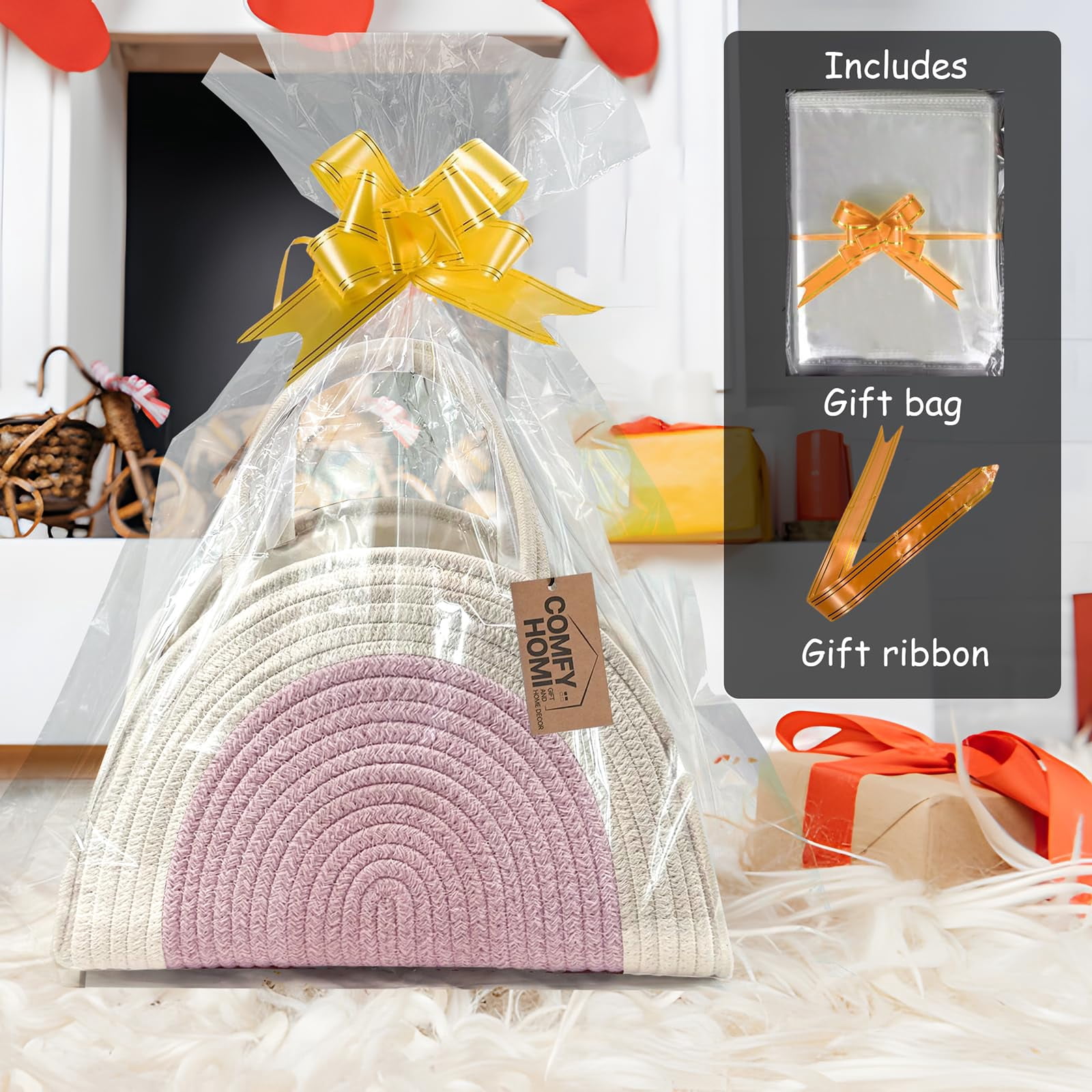 Diaper Caddy Organizer with Gift Bags and Ribbons - Sturdy Cotton Rope Basket for Baby Girl & Boy Newborn Essentials, Large Baby Gift Bag, Nursery Storage Caddy with Handles (white Brown)