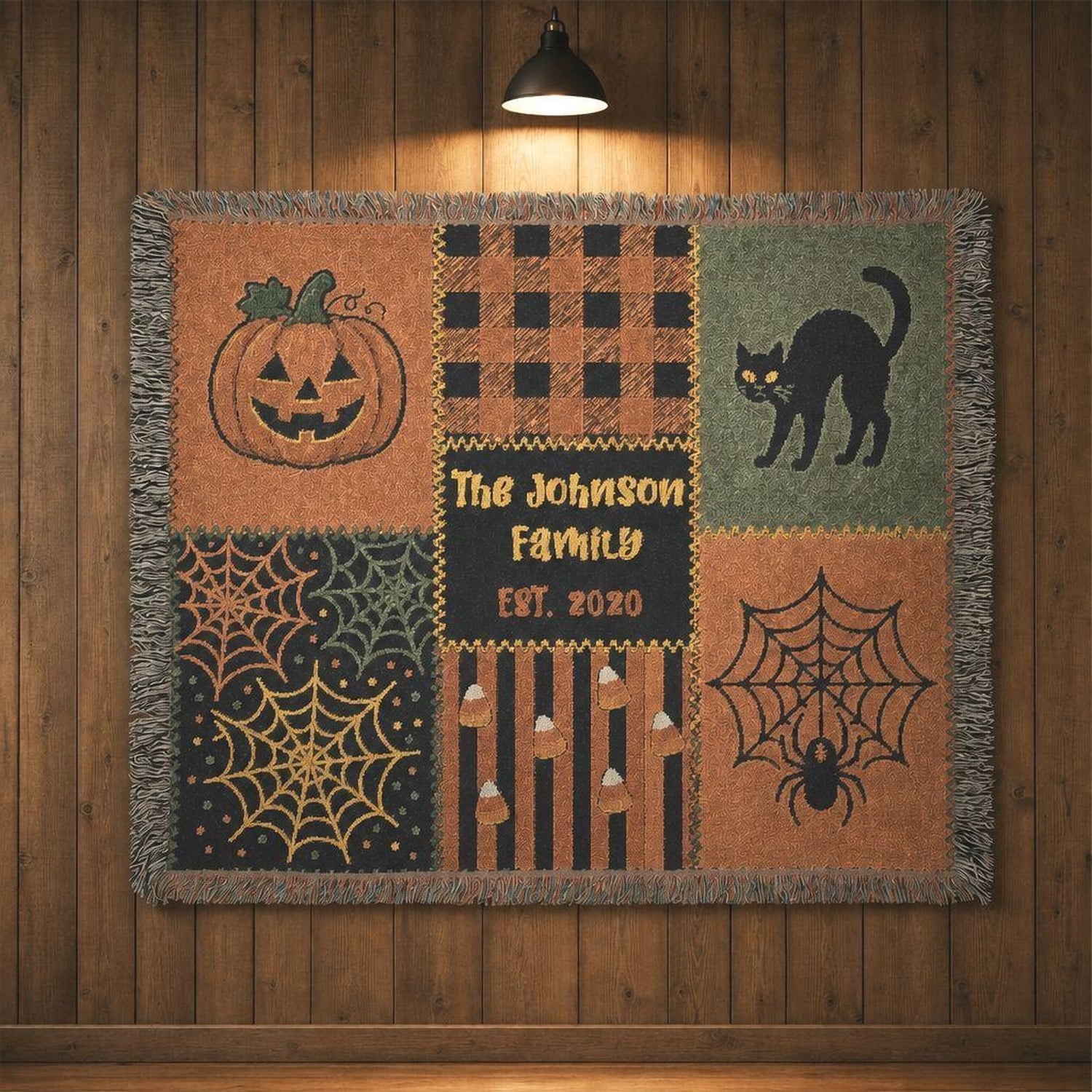 Halloween Jack-o -Lantern Black Cat and Spider Web Orange Woven Blanket 100% Cotton Rustic Home Decor