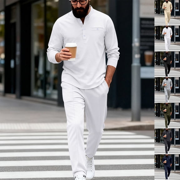 Afuyipoi Men Button-Collar Walk Set, Elastic Waist Long Sleeve Quick-Dry Workout Suit for Men White L